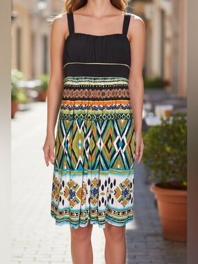 St Tropez West Boho Sundress Size 12 Black Multi Geometric A-Line Stretch